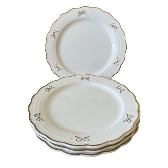 Set of 8 Yedi GOLD BOW Dinner Plates 10in Ceramic Holiday Glam White New - Picture 2 of 16